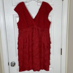 Adrianna Papell Ruby Red Evening Dress Shutter Pleats Bold Glamorous Women’s 14