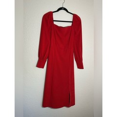 Lichi Red Midi Dress Puff Sleeve Square Neck Slit Size S