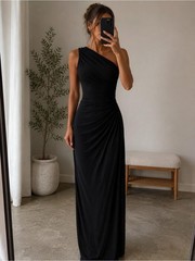 Betsy & Adam Black One-Shoulder Ruched Evening Dress Size 4 NWOT