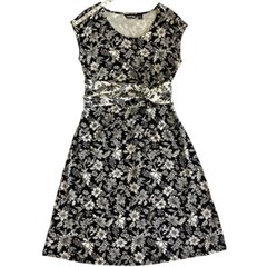 Lands End Knee Length Floral Pull Over Knit Sheath Dress Black White 10 or M