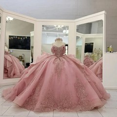 Custom Shiny Pink Quinceanera Dresse Off the Shoulder Tull crystal applique Lace