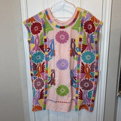 Sister Mary Embroidered Cotton Tunic Dress Boho Mexican Floral Birds Huipil M/L