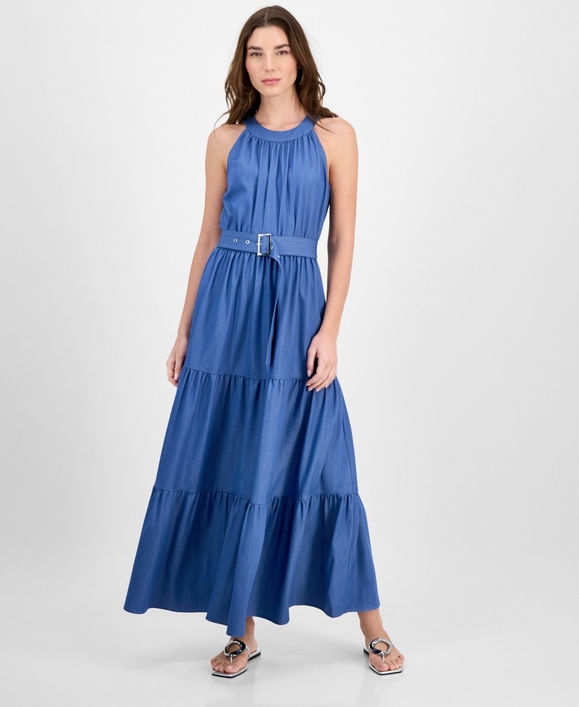 T Tahari Tiered Fit & Flare Halter Maxi Dress Womens M Denim Belted Button Strap