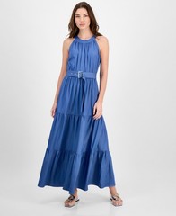 T Tahari Tiered Fit & Flare Halter Maxi Dress Womens M Denim Belted Button Strap