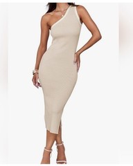 ZESICA One Shoulder Bodycon Dress Women&rsquo;s Medium Ribbed Beige White NWOT