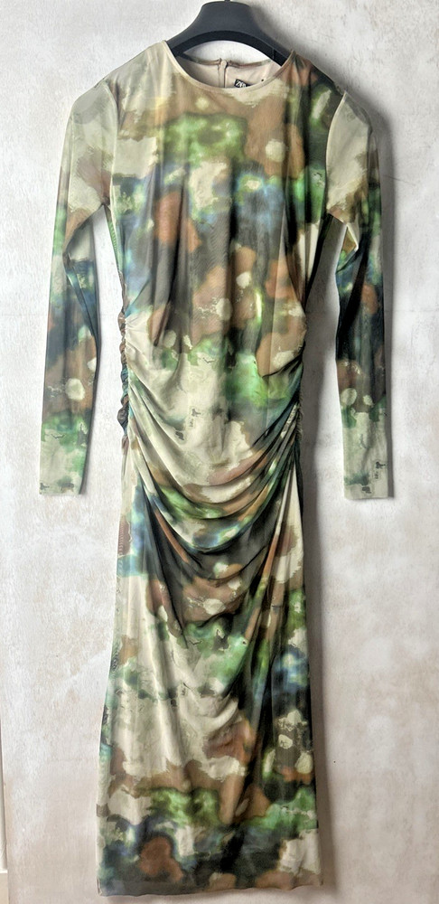 Zara Long Tie-dye Tulle Green Dress Size Medium New with Tags (J)