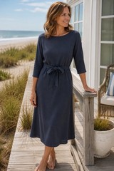 Lands End Sz M 10-12 Navy Blue Midi T Shirt Dress 3/4 Sleeve Boat Neck Tie Waist
