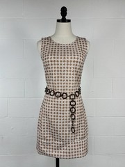 Vintage 60s Brown Polyester Knit Mini Shift Dress Allover Tile Print Mod Go-Go 4