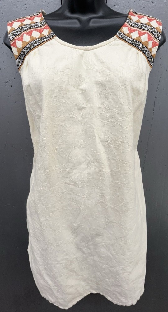 Solitaire Anthropologie Dress S Ivory Cream Cotton Texture Embroider Boho Aztec