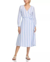 NWT Tommy Bahama Bayside Isle Linen Striped Wrap Midi Dress Blue White Coastal