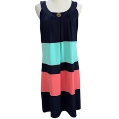 Navy Colorblock Shift Dress Coastal Preppy Resort Casual Summer Striped SZ 12