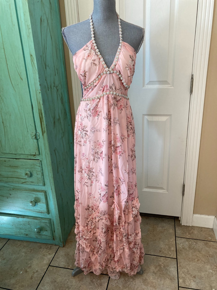 FLORAL, WOMENS, BEADED, SPAGHETTI STRAP, RUFFLED, LINED, LONG EVENING DRESS, XS