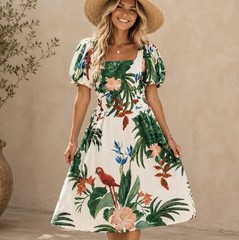 Farm Rio Midnight Macaw Fiesta Off White Linen Blend Puff Sleeve Midi Dress S