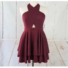 new Kalanihilliker Alyce Paris Burgundy Halter Tiered Ruffle Skirt Dress Small