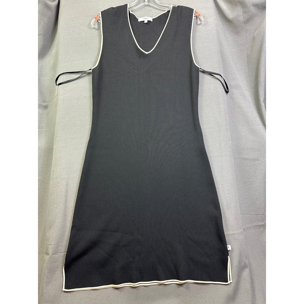 Vertigo Paris Women Black Knit Sleeveless V-Neck Sheath Dress SZ L Contrast Trim