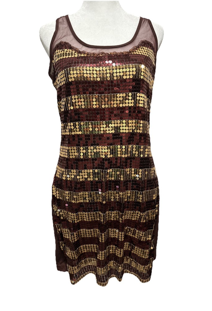 Y2K UltraPink Women’s Sz M Mini Tank Dress Gold Brown Sequin Party Cocktail Club