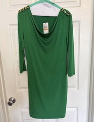 Michael Kors Green Sheath Dress Cowl Neck Chain Accent 3/4 Sleeve S