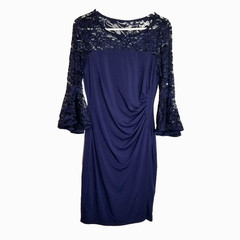 Marina Dress Women&rsquo;s 6 Bell Sleeve Lace and Sequins Dark Blue Side Gather Slit