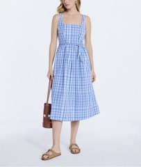 NWT Free Assembly Blue Plaid Square-Neck Midi Dress with Self-Tie Waist Size L