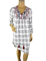 Blu Pepper Black White Plaid Dress S Embroidered Yoke Tassel Tie Long Roll Tab