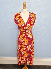 & Other Stories Wrap Midi Dress Size 8 Red Yellow Floral Print Boho Dopamine