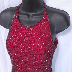 Vtg Scala Beaded Silk Halter Open Back Evening Gown Dress S Red Cocktail Y2K