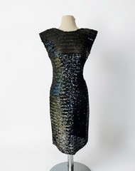 Vtg 60s Black Sequin Cocktail Club Party Dress Wiggle Sz M Low Back