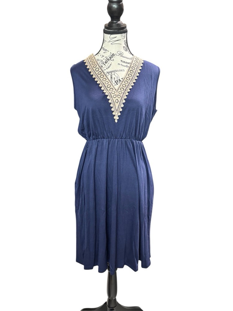 Women’s Navy Blue V Neck Dress, Size M, Rayon Poly Spandex Mixed Fabric