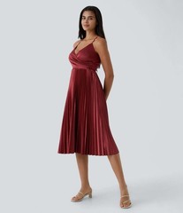 NWT Halara V Neck Lace Up Pleated Midi Dress Plum Blossom Red L