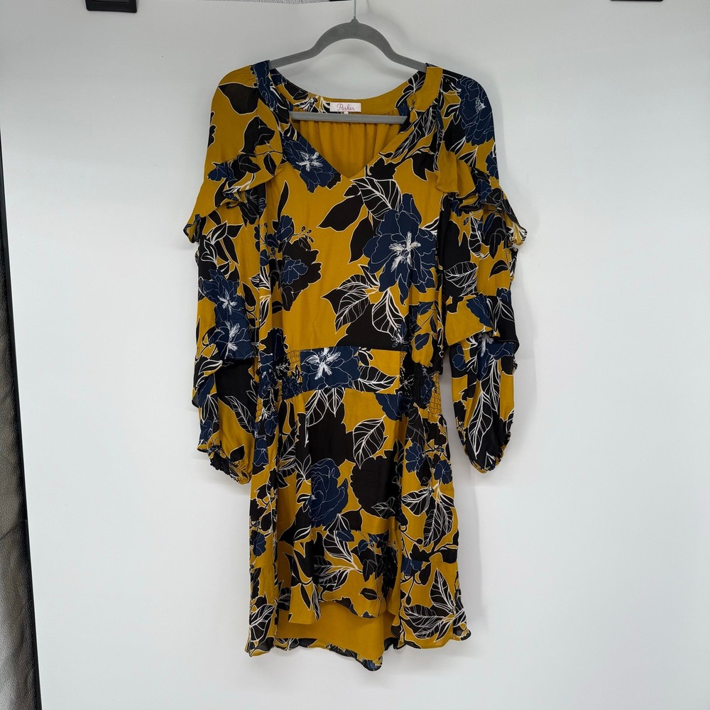 Parker Gigi Ruffle Sleeve Silk‎ Blend Smocked Waist Dress Women&rsquo;s Size L Yellow