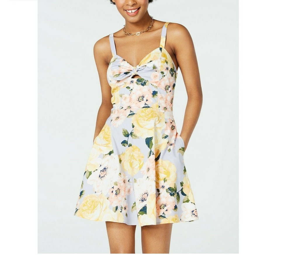 Speechless Junior Womens 9 Yellow Sleeveless Pocket Floral Fit Flare Dress NWT