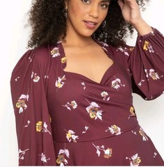 Eloquii Burgundy Long Sleeve Sweetheart Floral Wrap Dress, Size 18