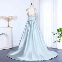 Exquisite Blue Satin Ball Dress Sleeveless Zipper Rear Sweep Train Evening Gown