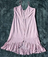 90s Beachy Boho Pastel Pink Stripe Linen Pearl Button Ruffle Hem Summer Dress