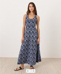 PACT Organic Fit & Flare Open Back Maxi Dress – Paradise Petals Navy Blue NEW