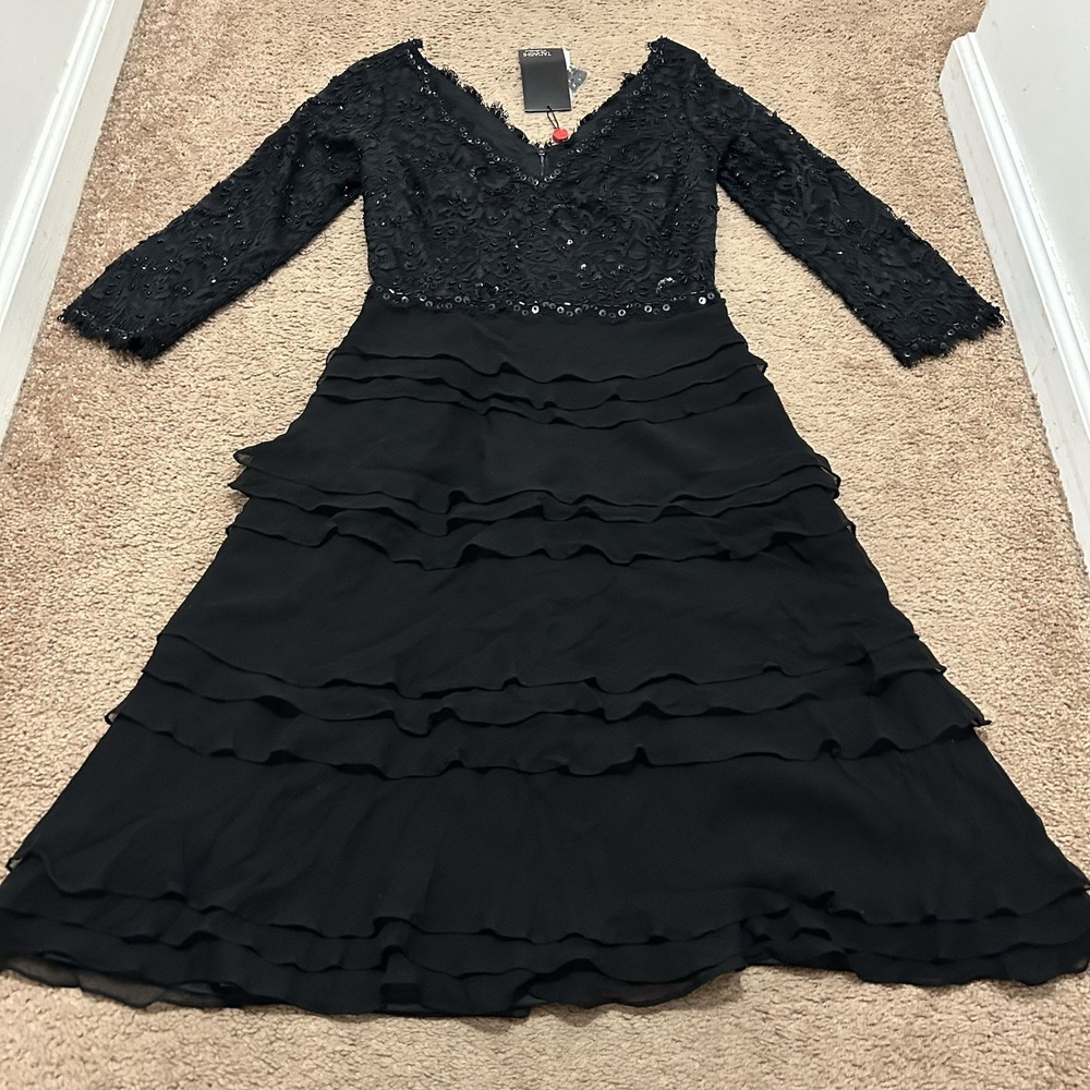 Tadashi Collection Sequin Ruffle 3/4 Sleeve Black Dress Size 6 Deep V Neck