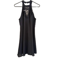 Boho Black Halter Mini Dress M Crochet Lace Sleeveless Whimsigoth Fairy Grunge