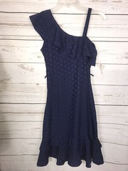 Maison Jules Navy Blue Dotted One-Ruffled Shoulder Dress-Ruffled Hem-Small-NWT