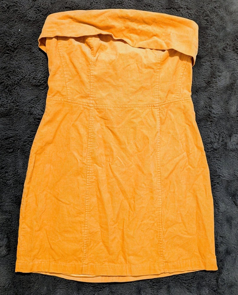 GHANDA – Orange Corduroy Strapless Mini Dress Size 14 Retro