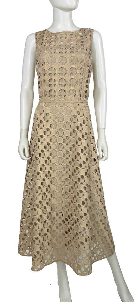 $1K Akris New Beige Dot Guipure Lace Midi Dress Cocktail 10 US 46 IT 40 D M Slip
