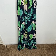 Tropical Leaf Print Tie Back Maxi Dress Navy Green Medium Vacation Travel