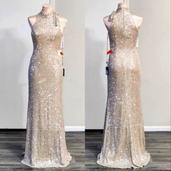Ieena for Mac Duggal Gold Sequin High Neck Sleeveless Maxi Dress Size 4