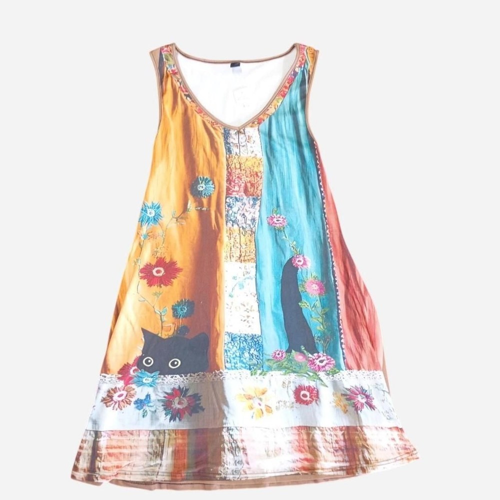 Unbranded Multicolored Cat Print Patchwork Swing Dress