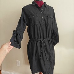 Gloria Vanderbilt Shirtdress Black Collared Tunic Drawstring Waist Roll Sleeve L