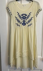 TCEC Cream Dress Embroidered Blue Floral High-Low Midi, Cottage core, Boho, NWOT