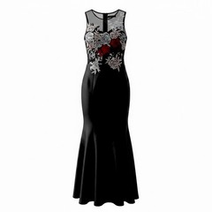 Xscape Evenings Women&rsquo;s Black Long Gown Floral Embroidery Mesh Top Size 2