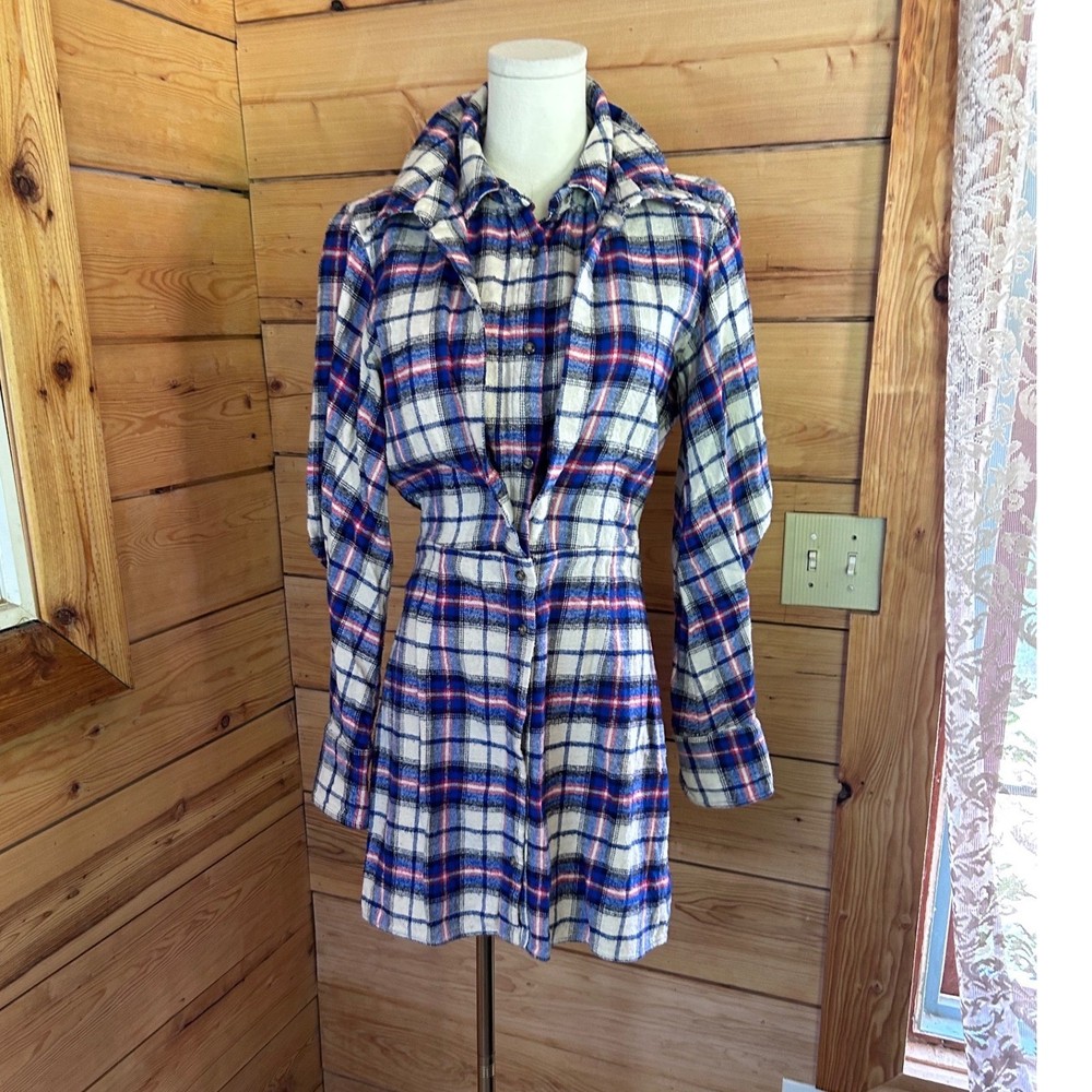 Fitted Plaid Flannel Dress Womens Medium Blue Red Tartan Long Sleeve Zara