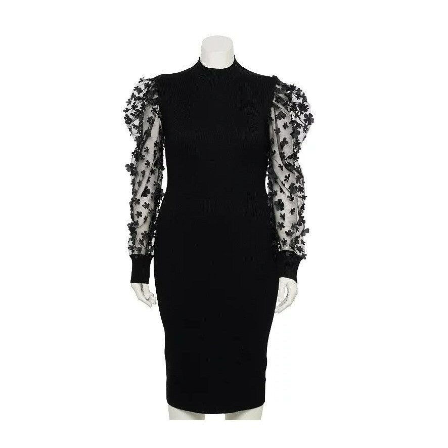 Almost Famous Black Dress Stretch below Knee Sheer Floral Sleeves Size M/L