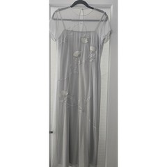 Vintage Rimini Sheer Mesh Floral Embroidered Beaded Maxi Dress Grey 10/12 Y2K