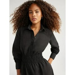 FREE ASSEMBLY – SIZE: S – Black Mini Shirt Dress With Smocked Waist & Pockets!